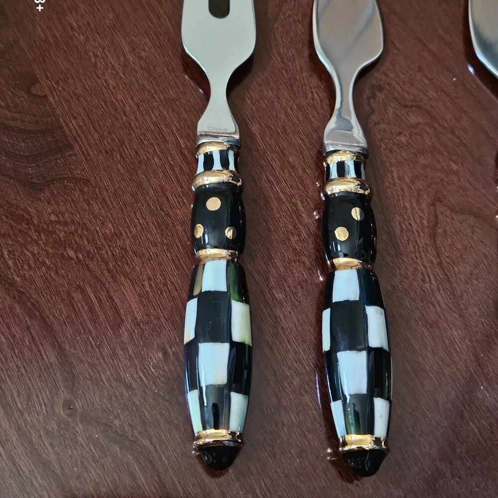 3 MACKENZIE CHILDS COURTNEY CHECK BLACK TIE CERAMIC CHEESE CHARCUTERIE KNIFE SET